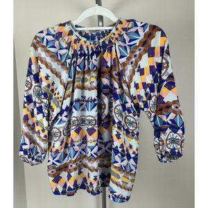 TUCKER Multicolor Silk Smocked Blouse in Floral Abstract Print Size P